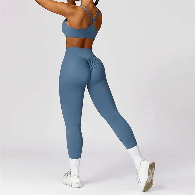 8536 2Pcs / Set Women Workout Sets High Waist Leggings and Longline Padded Sports Bra Yoga Set - Lake Blue  /  L