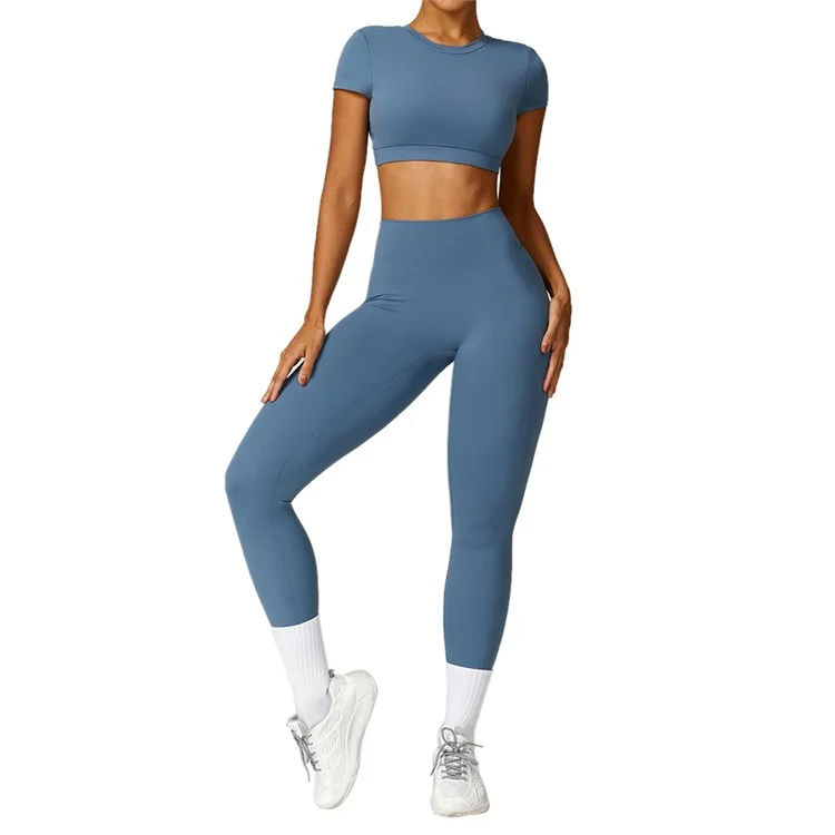 8536 2Pcs / Set Women Yoga Sets Short Sleeve Backless Crop Tops Seamless Leggings Gym Sets - Dark Blue  /  XL