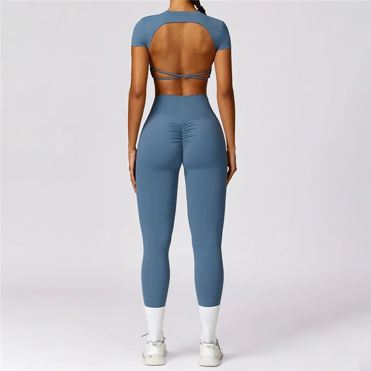 8536 2Pcs / Set Women Yoga Sets Short Sleeve Backless Crop Tops Seamless Leggings Gym Sets - Dark Blue  /  XL