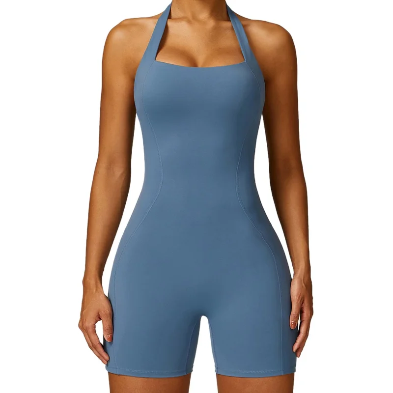 8536 Yoga Bodysuit Halter Women Rompers Sleeveless Short Jumpsuits Padded Seamless Jumpsuit - Deep Sea Blue  /  M