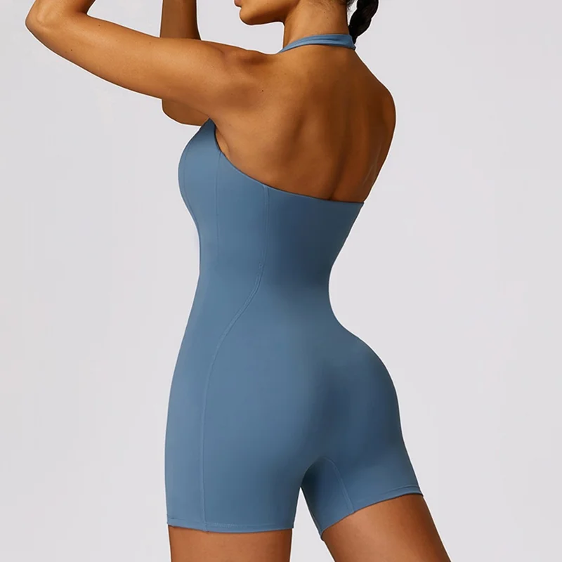 8536 Yoga Bodysuit Halter Women Rompers Sleeveless Short Jumpsuits Padded Seamless Jumpsuit - Deep Sea Blue  /  M