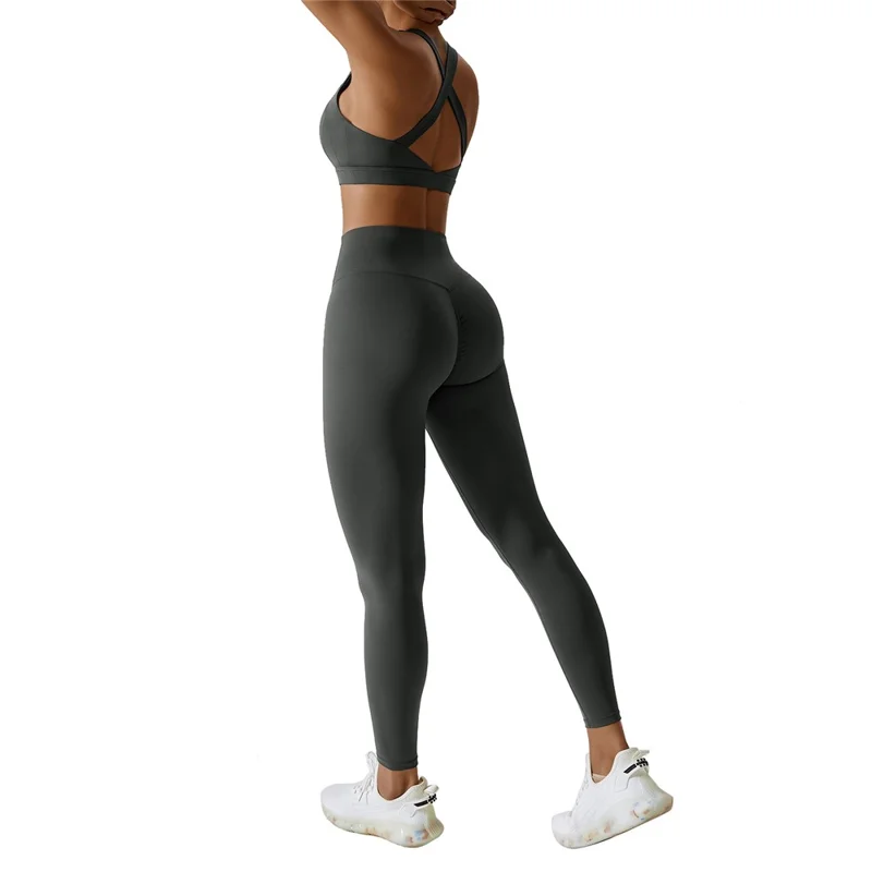 8047 Running Yoga Fitness Bra Crop Top + Long Pants Slim Fit Women Sportswear Set - Grey S