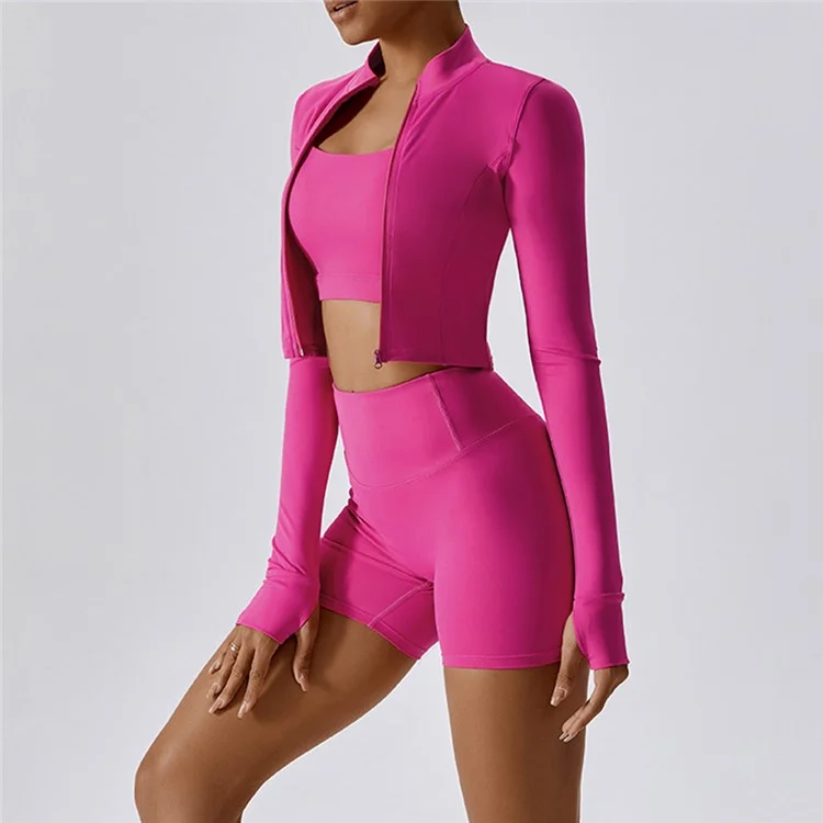 8047 Women’s Yoga Outfits 3Pcs Set Long-sleeved Top+Sports Bra+High Waist Track Pants - Rose / M