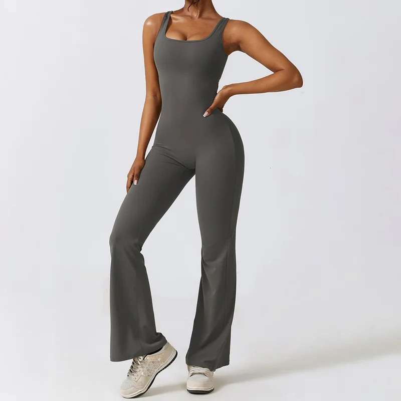 8260 Women Yoga Rompers Workout Sleeveless Sport Romper Seamless Sexy Jumpsuits - Grey / M