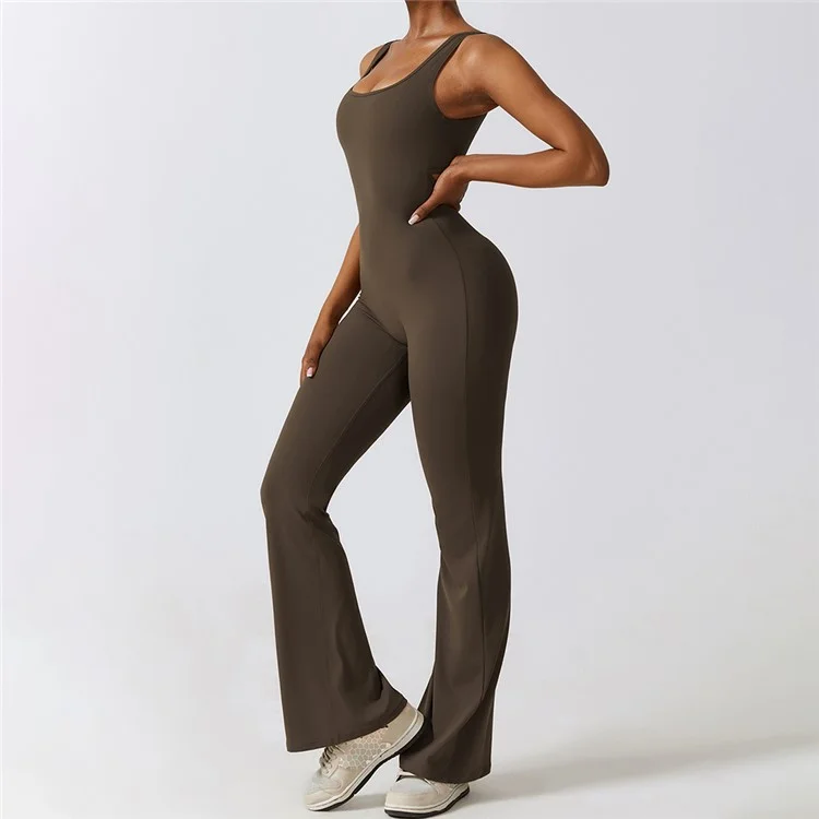 8260 Damen Yoga Rompers Workout Ärmelloses Sport Romper Nahtlos Sexy Jumpsuits - Kaffee / S