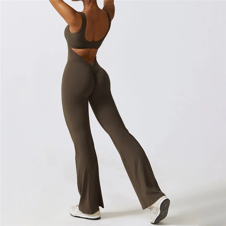 8260 Damen Yoga Rompers Workout Ärmelloses Sport Romper Nahtlos Sexy Jumpsuits - Kaffee / S