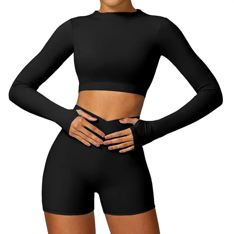 8578 Femmes Yoga Fitness Sports Costume Ajusté Rapide Séchage Manche Longue T-shirt Haut Court + Shorts - Noir S