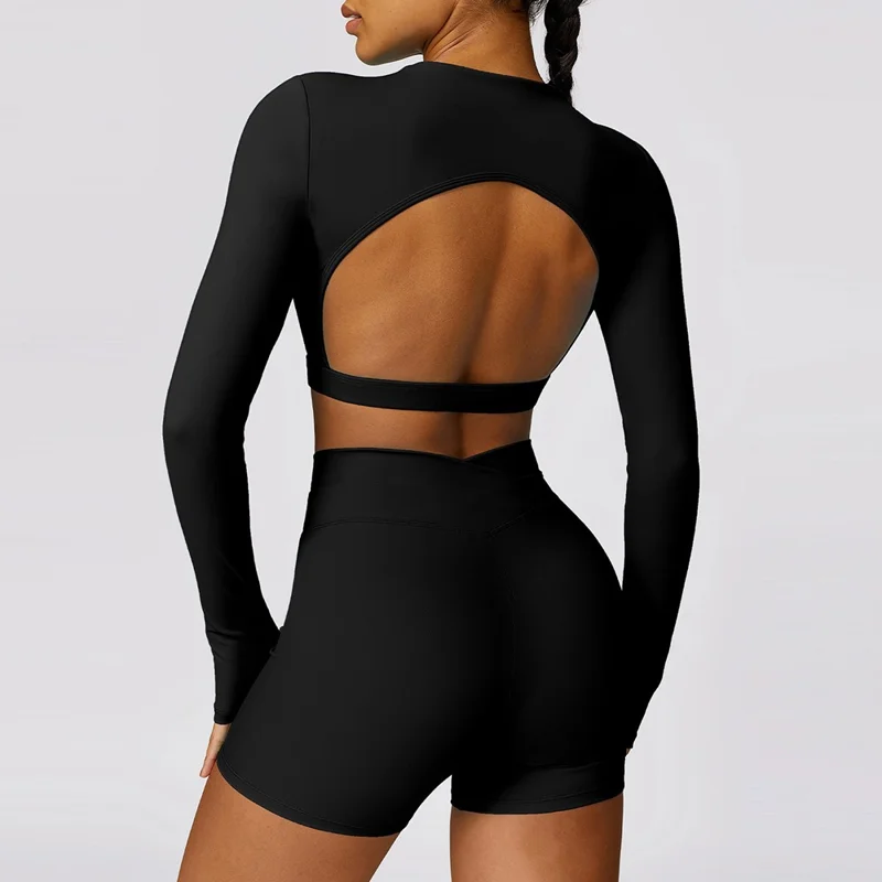 8578 Femmes Yoga Fitness Sports Costume Ajusté Rapide Séchage Manche Longue T-shirt Haut Court + Shorts - Noir S