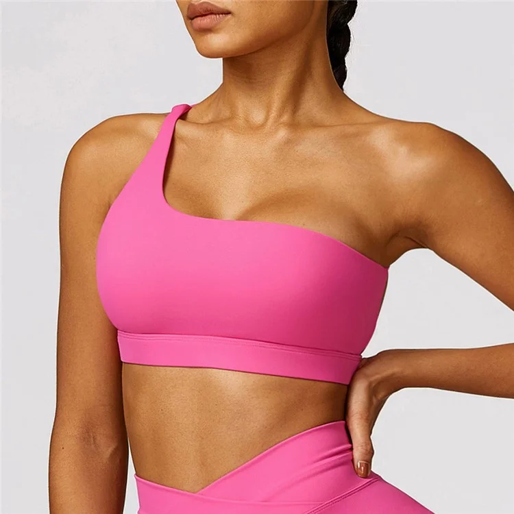 8578 Fitness Single Shoulder Women Sexy Sports Bra Backless Padded Yoga Bra - Rose / L