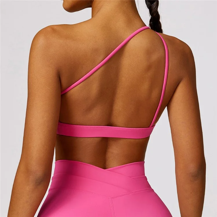 8578 Fitness Single Shoulder Women Sexy Sports Bra Backless Padded Yoga Bra - Rose / L