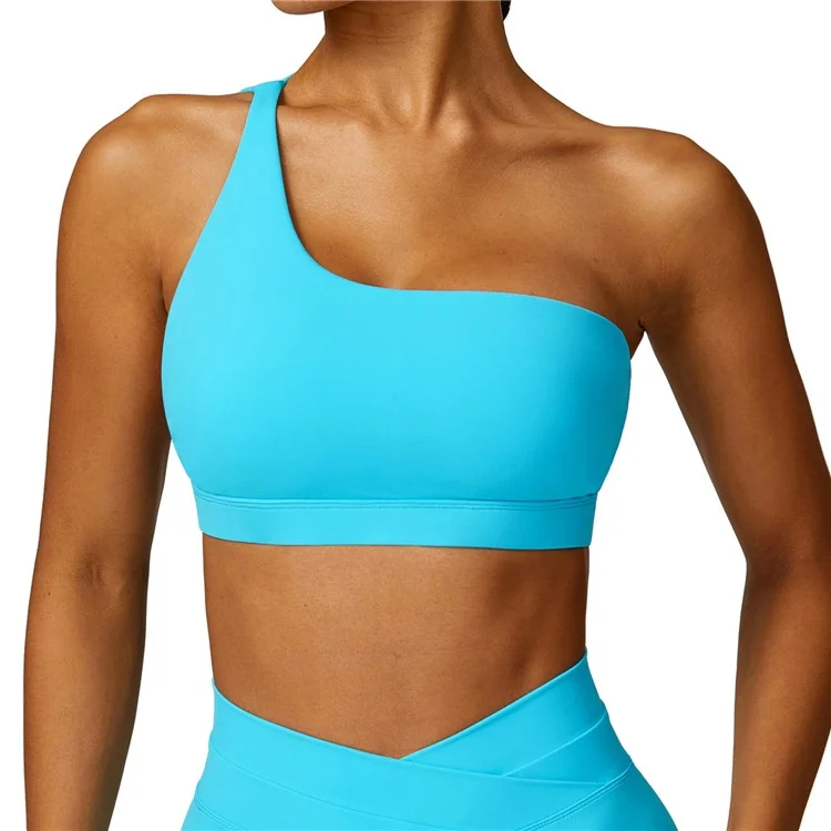 8578 Fitness Single Shoulder Women Sexy Sports Bra Backless Padded Yoga Bra - Lake Blue / S