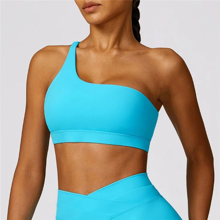 8578 Fitness Single Shoulder Women Sexy Sports Bra Backless Padded Yoga Bra - Lake Blue / S