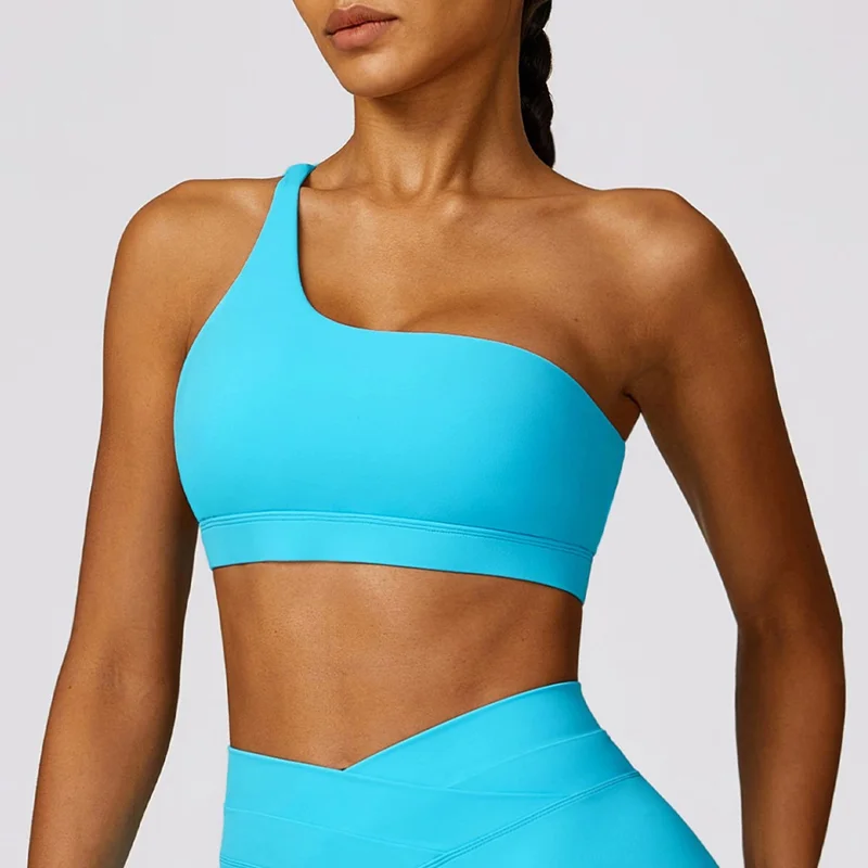8578 Fitness Single Shoulder Women Sexy Sports Bra Backless Padded Yoga Bra - Lake Blue / M