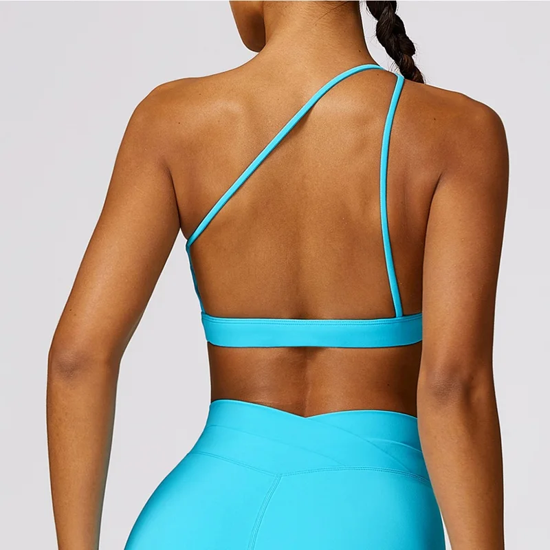 8578 Fitness Single Shoulder Women Sexy Sports Bra Backless Padded Yoga Bra - Lake Blue / M