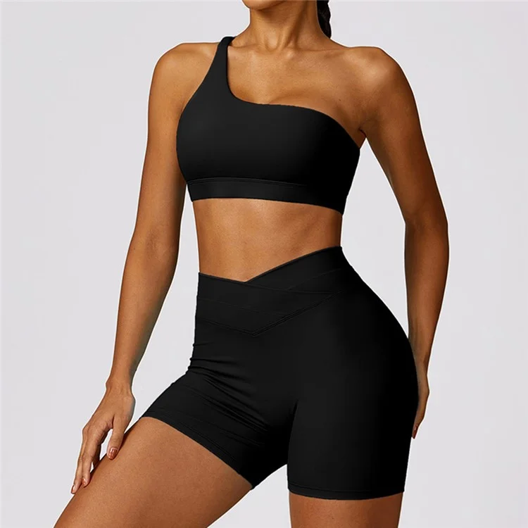 8578 2Pcs  /  Set Single Shoulder Women Sports Bra Backless Padded Yoga Bra + Shorts - Black / S