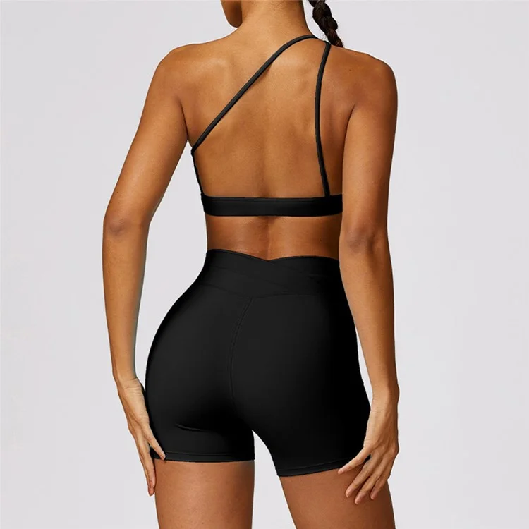 8578 2Pcs  /  Set Single Shoulder Women Sports Bra Backless Padded Yoga Bra + Shorts - Black / S
