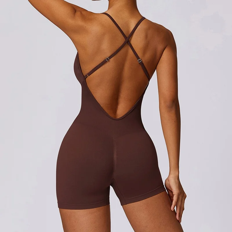 7384 Solid Color Slim Fit Yoga Jumpsuit Hollow Back Fitness Clothing Women Jumpsuit - Red Brown M