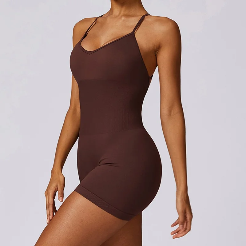7384 Solid Color Slim Fit Yoga Jumpsuit Hollow Back Fitness Clothing Women Jumpsuit - Red Brown M