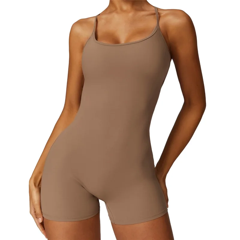 8605 Quick-Dry One-Piece Jumpsuits Unitard Bodysuit Workout Rompers Yoga Clothes - Brown / L