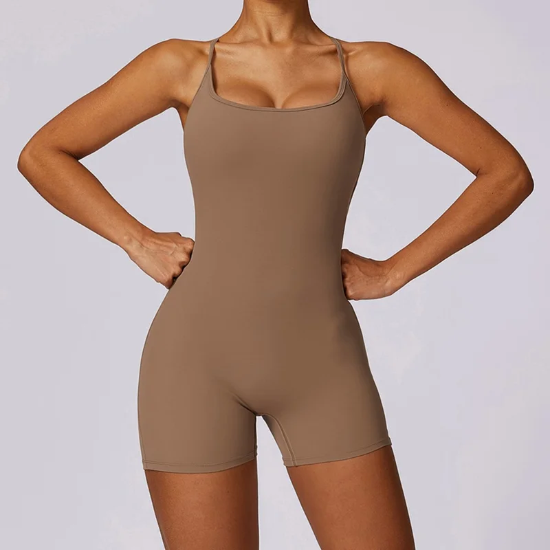 8605 Quick-Dry One-Piece Jumpsuits Unitard Bodysuit Workout Rompers Yoga Clothes - Brown / L