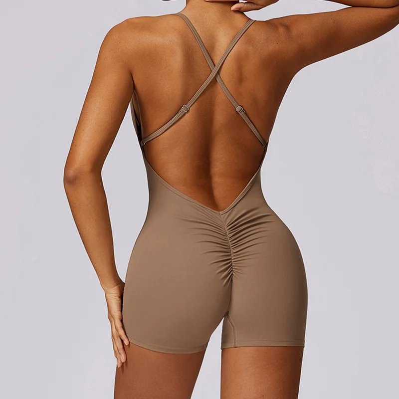 8605 Quick-Dry One-Piece Jumpsuits Unitard Bodysuit Workout Rompers Yoga Clothes - Brown / L