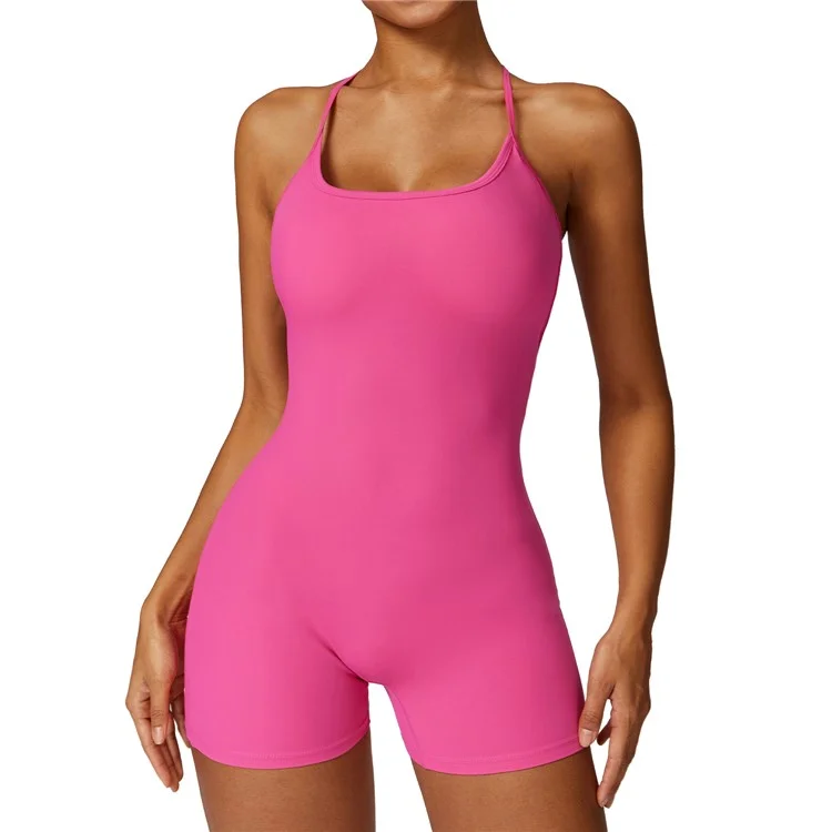 8605 Quick-Dry One-Piece Jumpsuits Unitard Bodysuit Workout Rompers Yoga Clothes - Rose / L