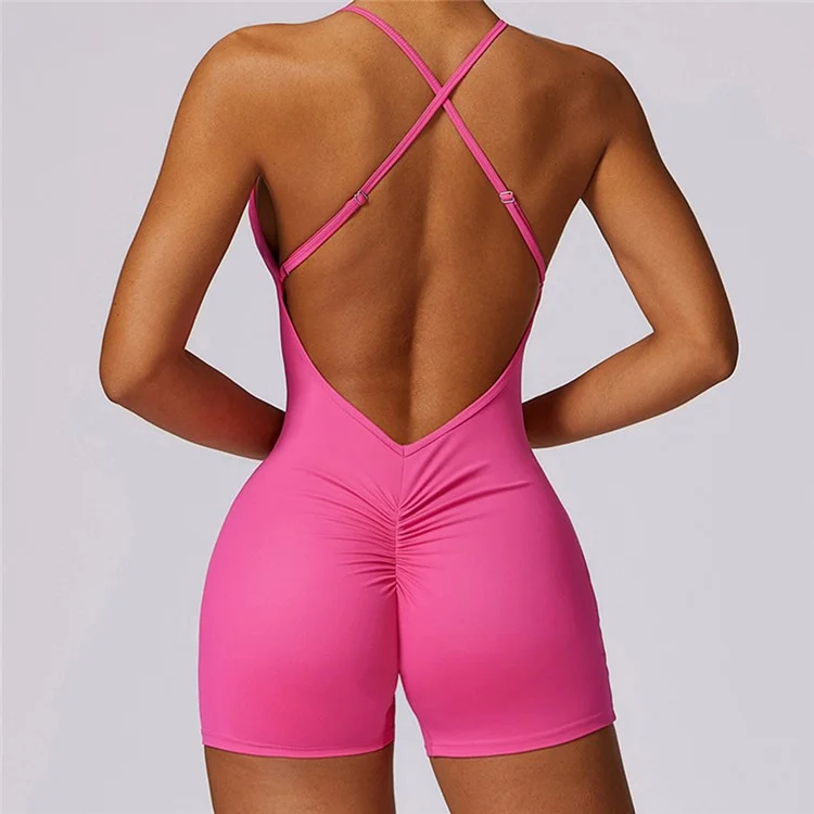 8605 Quick-Dry One-Piece Jumpsuits Unitard Bodysuit Workout Rompers Yoga Clothes - Rose / L