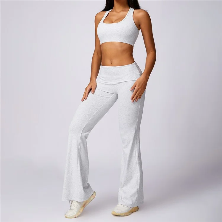 8713 Bootcut Flare Pantaloni da Yoga Pantaloni Lunghi per Fitness Bra Set - Bianco / XL