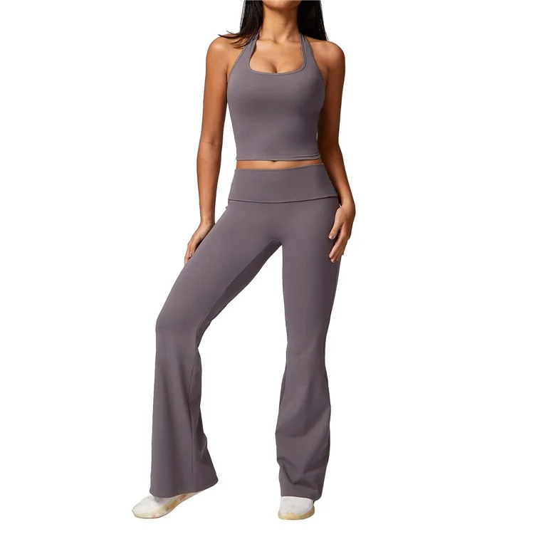 8713 Women Sexy Halter Backless Yoga Vest Fitness High Waist Flared Pants Set - Dark Grey S