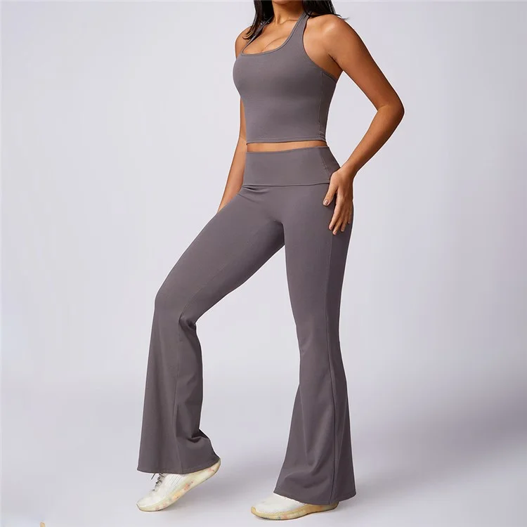 8713 Women Sexy Halter Backless Yoga Vest Fitness High Waist Flared Pants Set - Dark Grey S