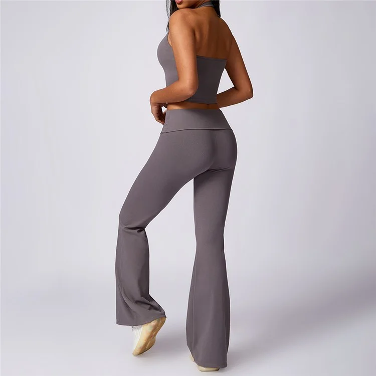 8713 Women Sexy Halter Backless Yoga Vest Fitness High Waist Flared Pants Set - Dark Grey S