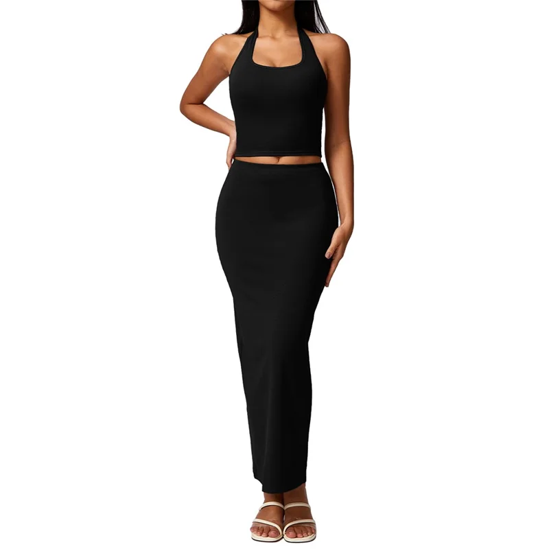 8713 Yoga Longline Bra Maxi Skirt Fitness Long Skirt Set for Workout - Black / S
