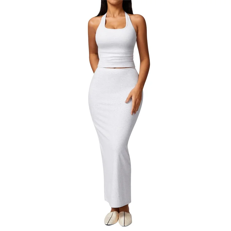8713 Yoga Longline Bra Maxi Skirt Fitness Long Skirt Set for Workout - White / S