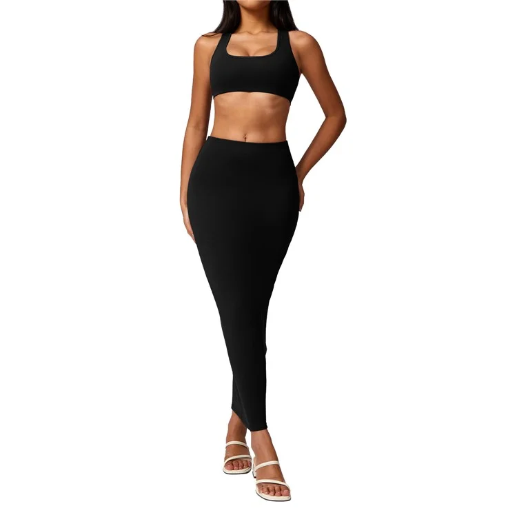 8713 Sports Bra Yoga Long Skirt Fitness Maxi Skirt for Workout - Noir / S
