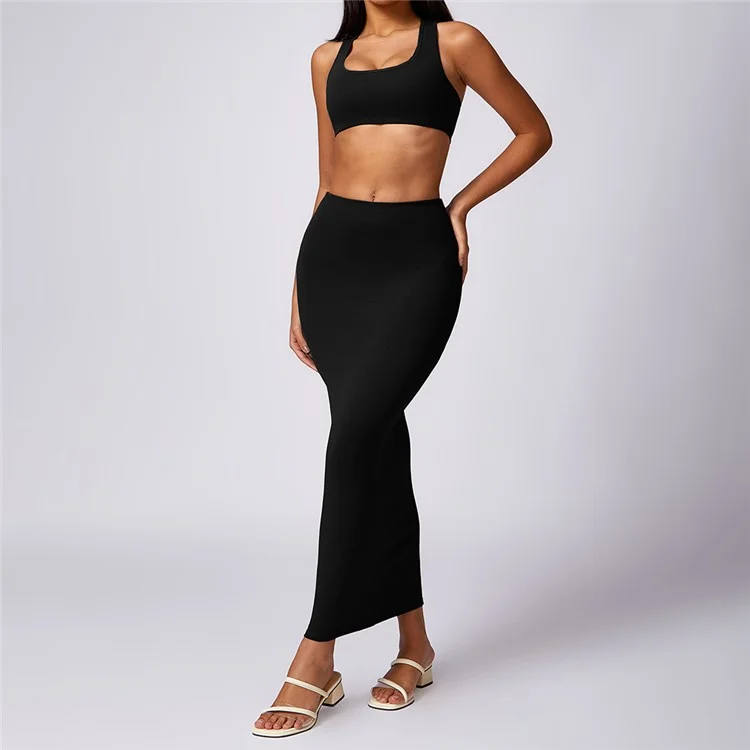 8713 Sports Bra Yoga Long Skirt Fitness Maxi Skirt for Workout - Noir / S