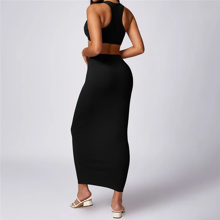 8713 Sports Bra Yoga Long Skirt Fitness Maxi Skirt for Workout - Noir / S