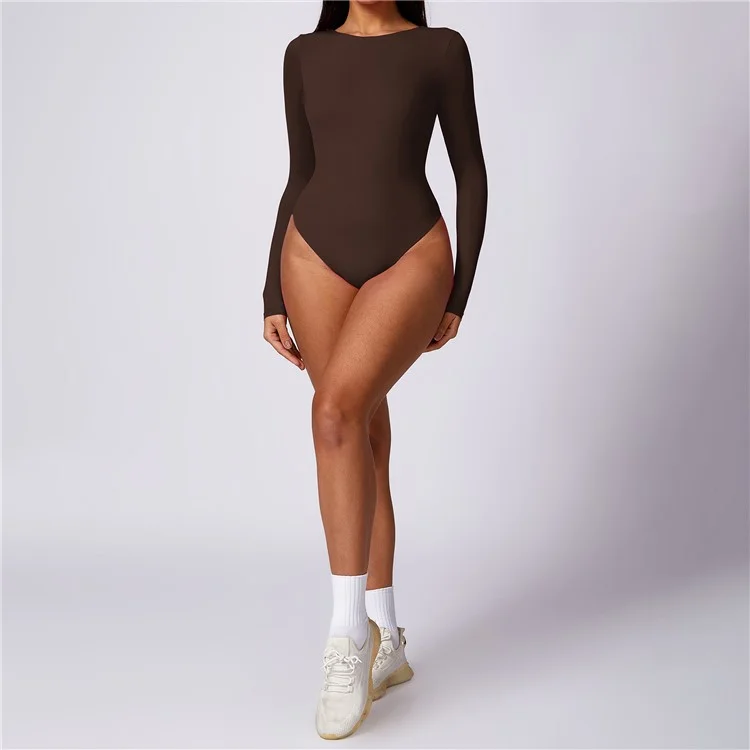 8625 Long Sleeve Slim Fit Triangle Jumpsuit Women Dance Yoga Clothing Jumpsuit - Coffee M