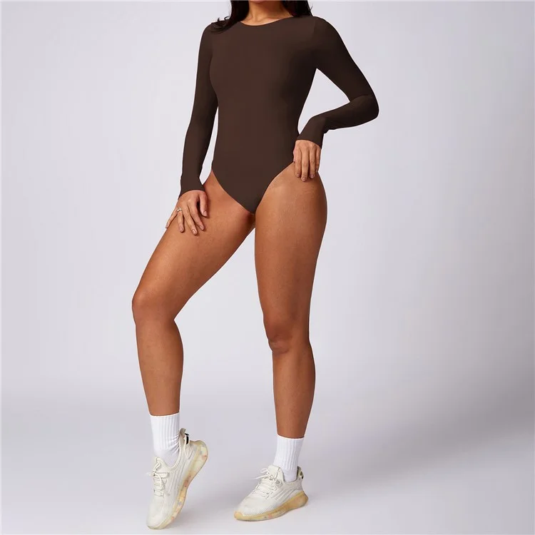 8625 Long Sleeve Slim Fit Triangle Jumpsuit Women Dance Yoga Clothing Jumpsuit - Coffee M
