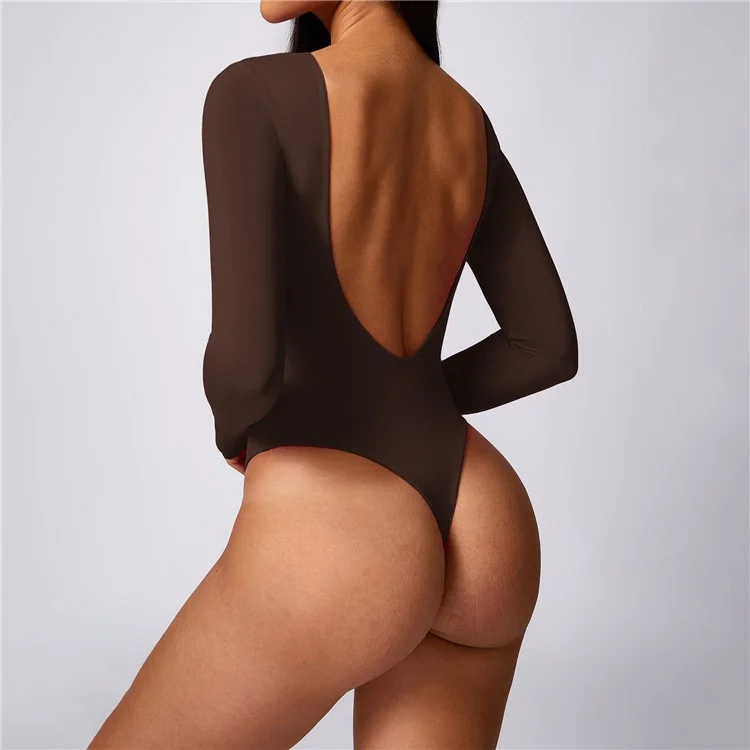 8625 Long Sleeve Slim Fit Triangle Jumpsuit Women Dance Yoga Clothing Jumpsuit - Coffee M