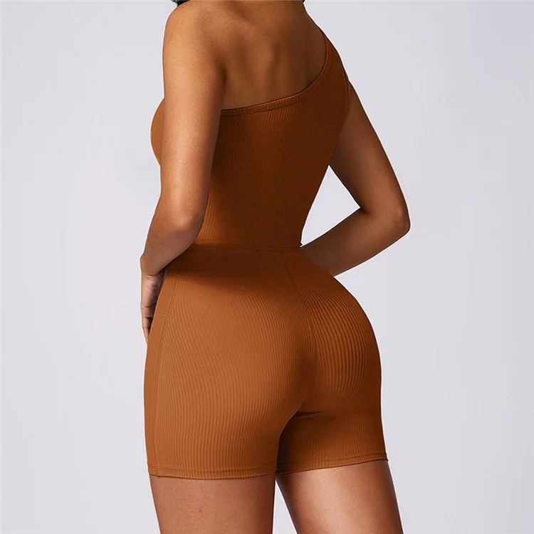 8616 Solid Color Women Yoga Jumpsuit One Shoulder Ribbed Summer Bodysuit - Brown L