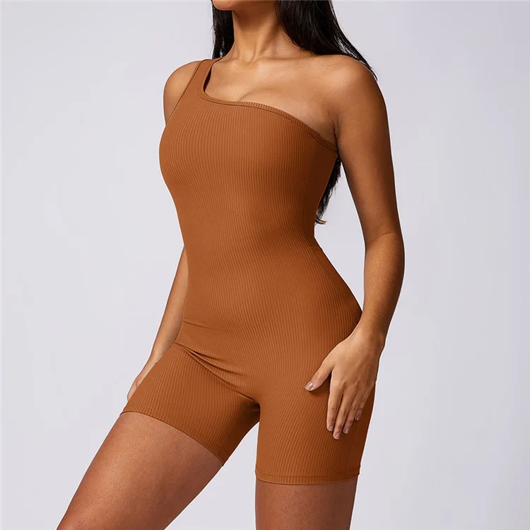 8616 Solid Color Women Yoga Jumpsuit One Shoulder Ribbed Summer Bodysuit - Brown L