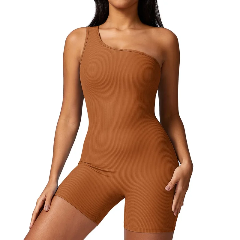8616 Solid Color Women Yoga Jumpsuit One Shoulder Ribbed Summer Bodysuit - Brown XL