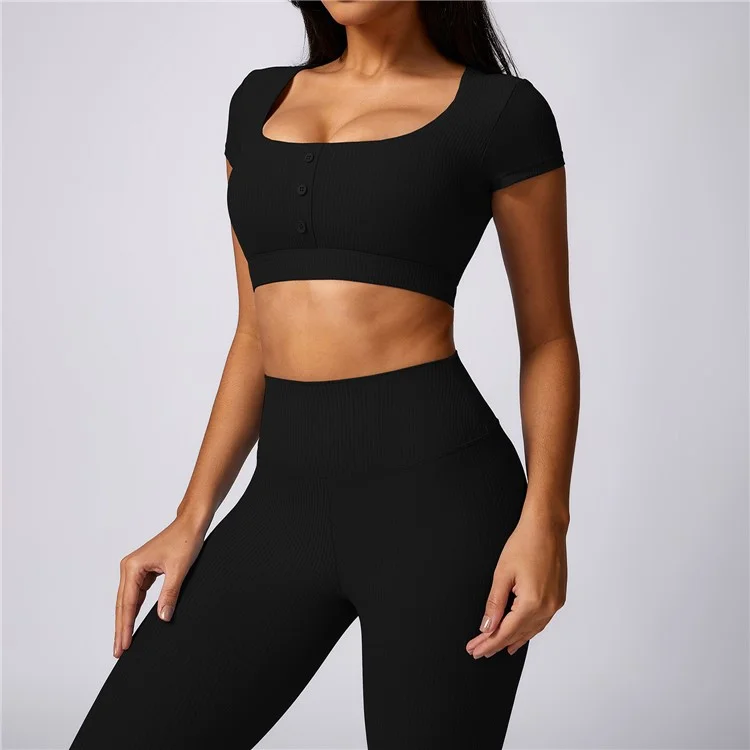 8053 Sports Crop Tops Short Sleeve T-Shirts+Yoga Leggings - Black / S