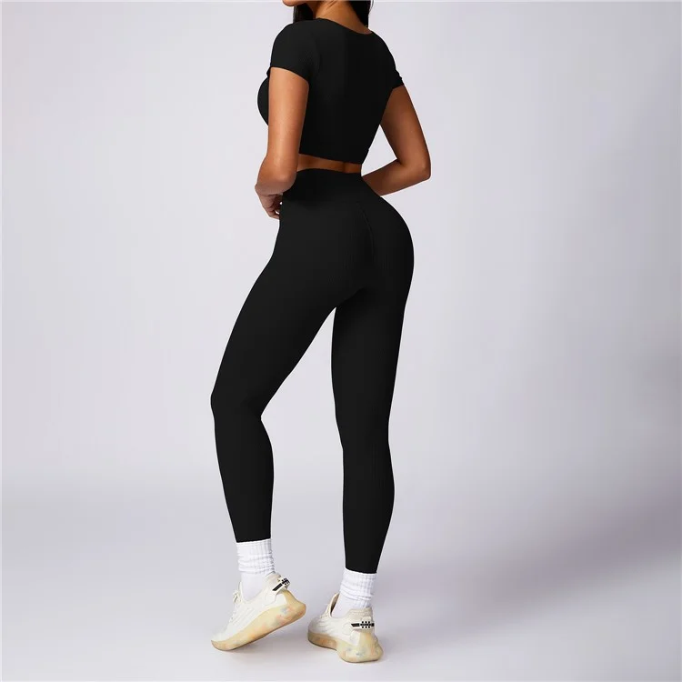 8053 Sports Crop Tops Short Sleeve T-Shirts+Yoga Leggings - Black / S