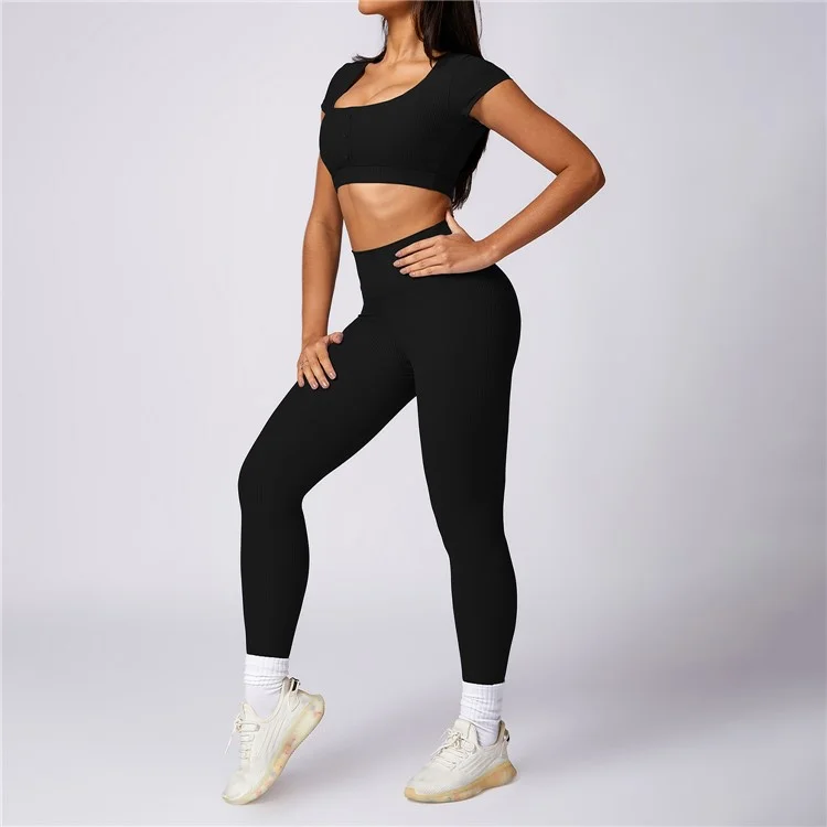 8053 Sports Crop Tops Short Sleeve T-Shirts+Yoga Leggings - Black / S