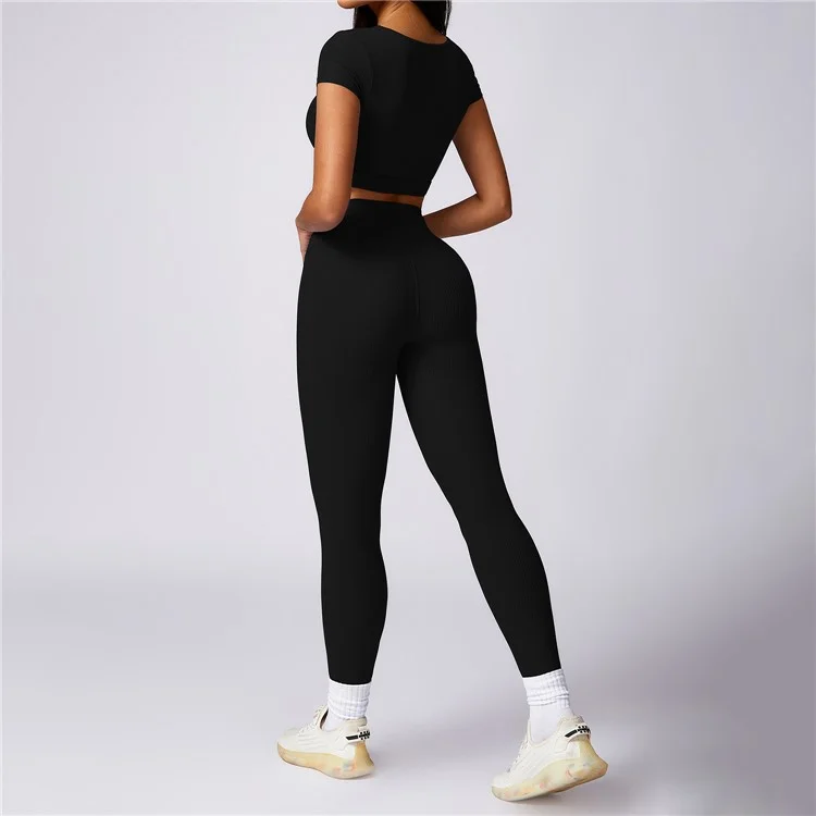8053 Sports Crop Tops Short Sleeve T-Shirts+Yoga Leggings - Black / S