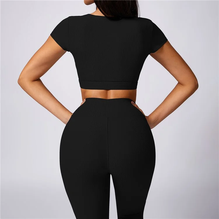 8053 Sports Crop Tops Short Sleeve T-Shirts+Yoga Leggings - Black / S
