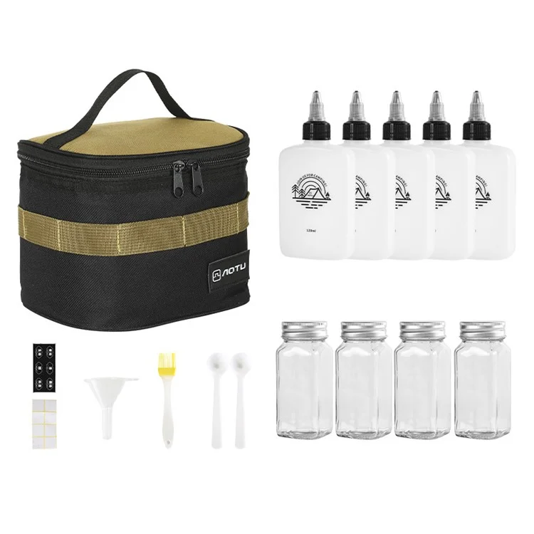 AOTU 16 pièces / Set de bouteilles d'huile de camping, récipients à épices, kit de brosse avec sac de rangement (sans BPA, sans homologation FDA)