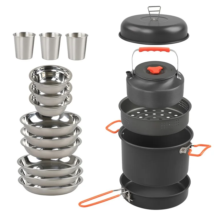 Ensemble de batterie de cuisine de camping AOTU DS-718 Bouilloire Casserole Poêle Assiette en acier inoxydable Bol Tasse à eau (sans BPA, pas d'approbation de la FDA)