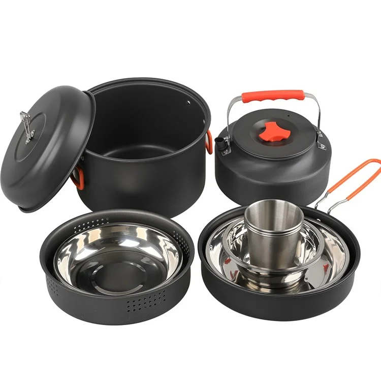 Ensemble de batterie de cuisine de camping AOTU DS-718 Bouilloire Casserole Poêle Assiette en acier inoxydable Bol Tasse à eau (sans BPA, pas d'approbation de la FDA)